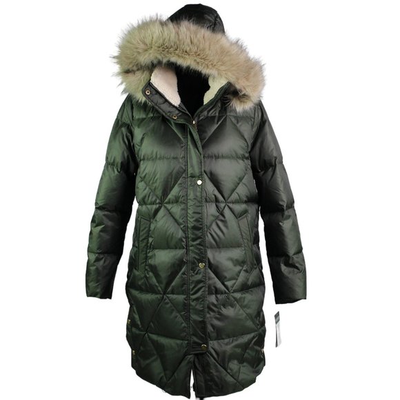 Lauren Ralph Lauren Quilted Down Feather Puffer Parka Jacket with Fur Trim Hood